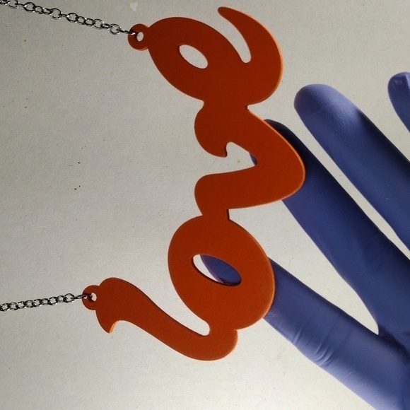 Women's Stunning Polished Silver tone Orange Color "LOVE " Design Long Necklace - Picture 5 of 6